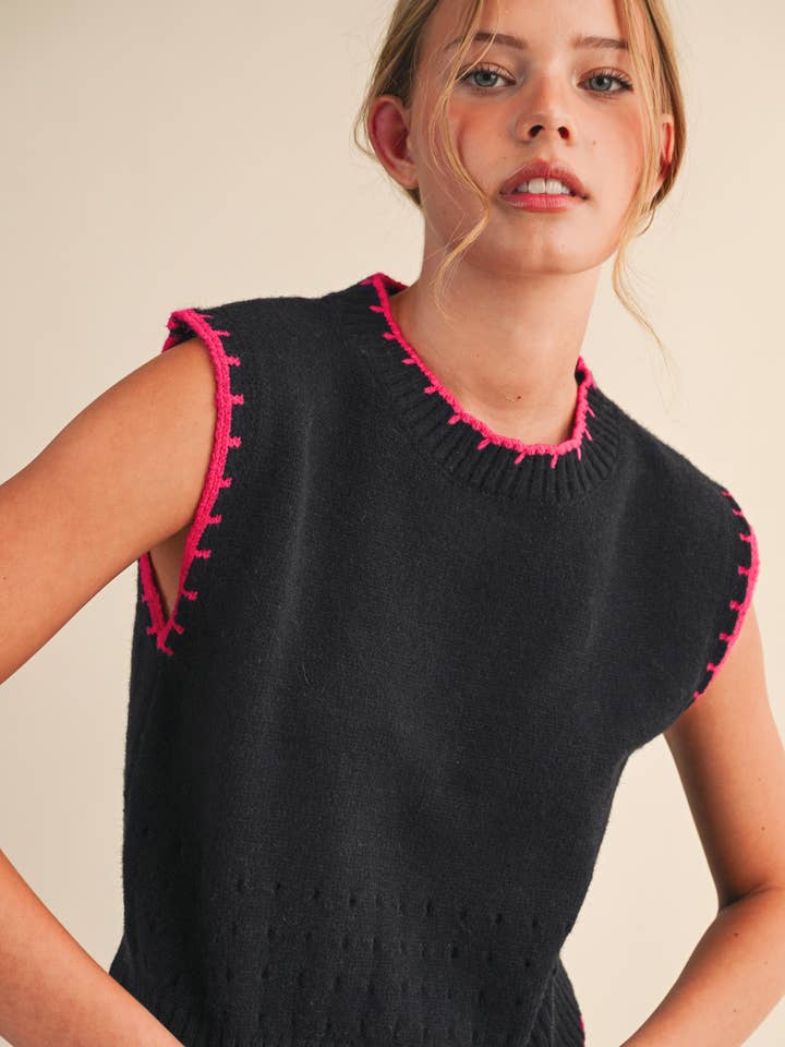 BLANKET STITCH POINTELLE SWEATER VEST MSW10843 for wholesale by &MERCI