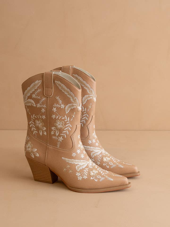The Bailey | Apricot Embroidered Cowboy Bootie for wholesale on Faire