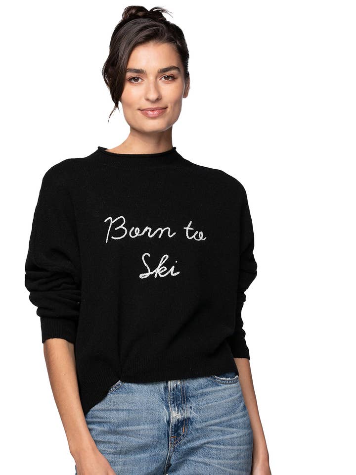 Pull en cachemire à col cheminée avec broderie | Né pour skier pour la vente par Golden Sun