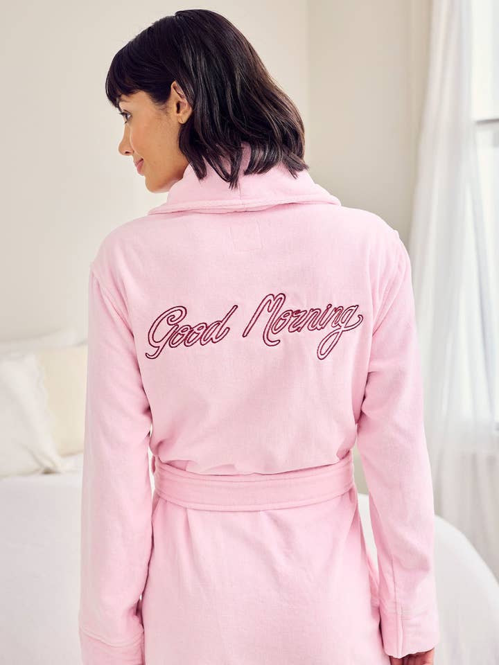 Cotton Towelling Embroidered Good Morning Dressing Gown for wholesale by Chelsea Peers