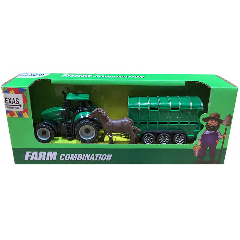 Texas Toy Distribution - Vendita all'ingrosso Set di giocattoli - Bambini - Set di Veicoli Trattore Agricolo e Rimorchio per Cavalli, Scatola con Finestra Aperta0