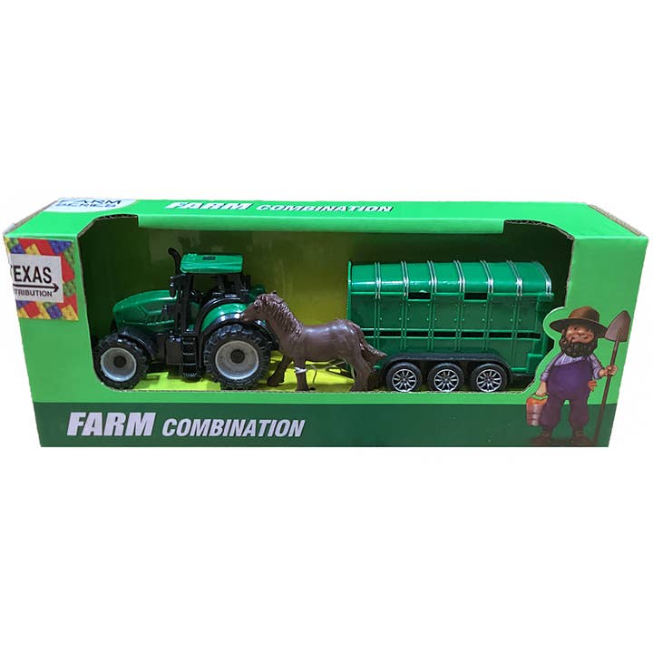 Texas Toy Distribution - Vendita all'ingrosso Set di giocattoli - Bambini - Set di Veicoli Trattore Agricolo e Rimorchio per Cavalli, Scatola con Finestra Aperta