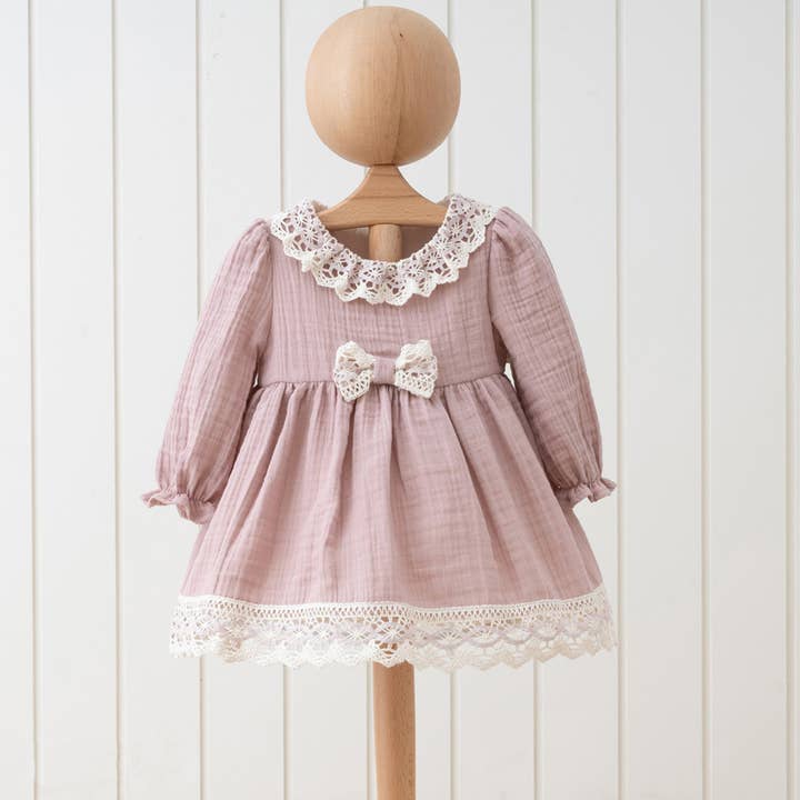 Pink White Natural Muslin Cotton Dress for Girls with Lace Design and Bow for wholesale by Dreamline