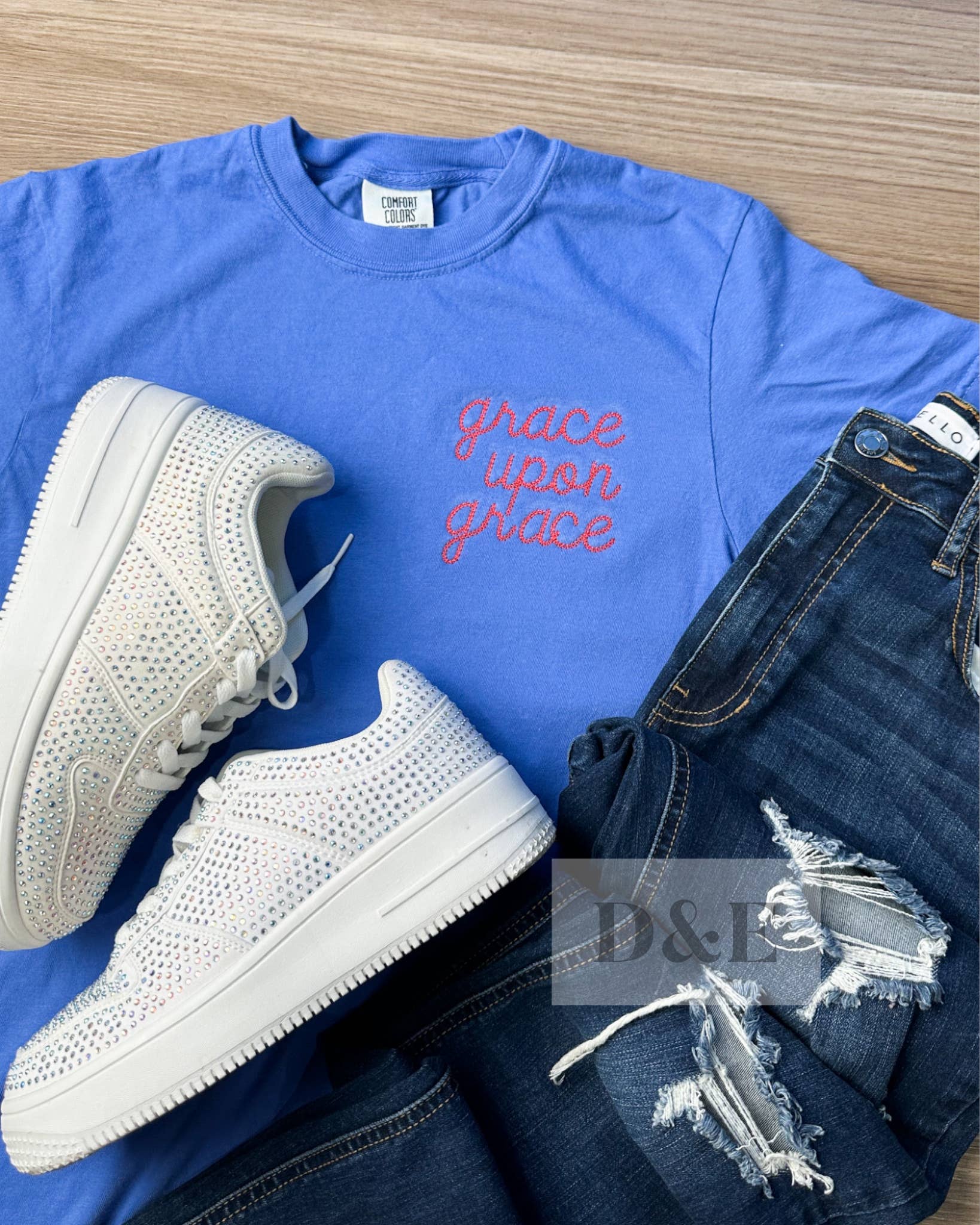 D&E Tees - Wholesale T-Shirt - Women's - Grace Upon Grace Embroidery Comfort Color Tee0