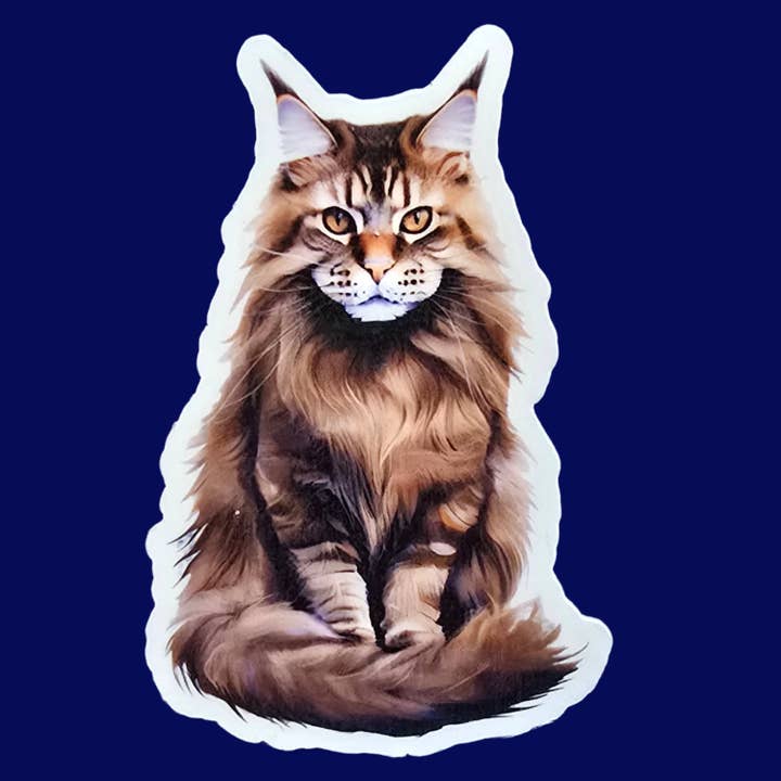 Brauner Maine-Coon-Katzenaufkleber, Langhaar-Katzensticker, Wasserdichter Vinylaufkleber, Geschenk für Katzenliebhaber, Realistische Haustierkunst für Laptop oder Flasche für den Großhandel von Designs by Mysh