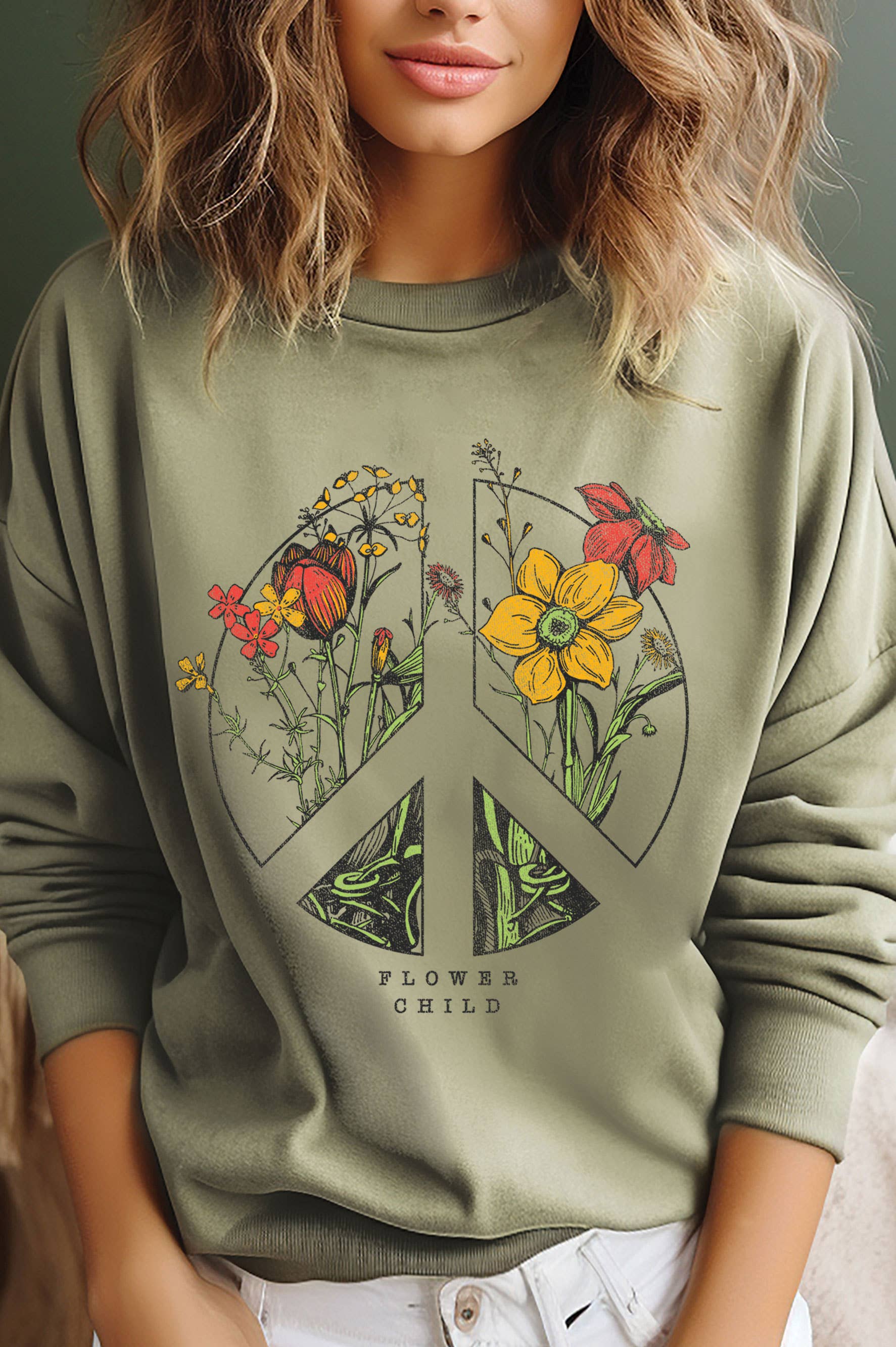 Rustee Clothing – Camisola gráfica - Mulher por atacado – SWEATSHIRTS GRÁFICAS DE CRIANÇA PEACE FLOWER ESCOVADO4