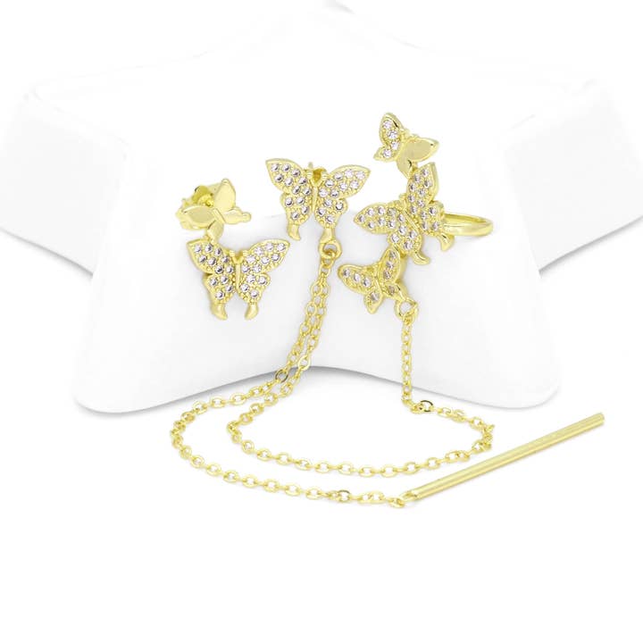 Gold Butterfly Dangling Chain Link Stud Earrings, Sku#LK851 for wholesale by BestBeads&Beyond