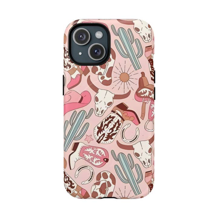 Pink Boots & Desert Sun Cowgirl Magnetic Impact-Resistant Phone Case for Apple iPhone Models for wholesale by Grassy Creek Designs
