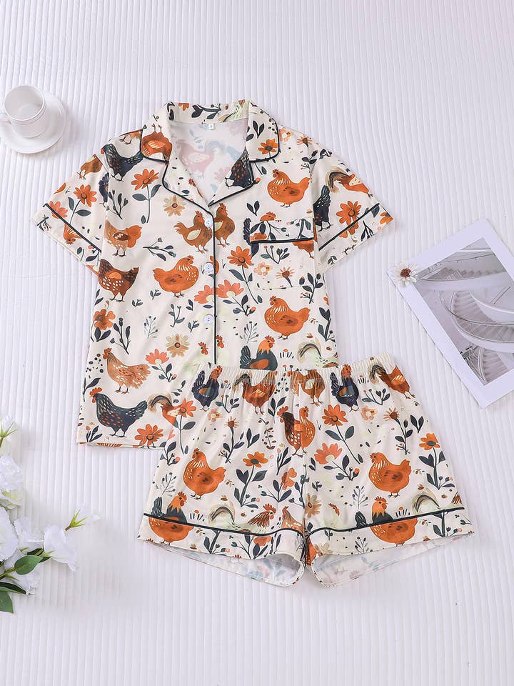 Western Cute Chick Floral Print Short Pajama Set for wholesale by Rosa Clothing
