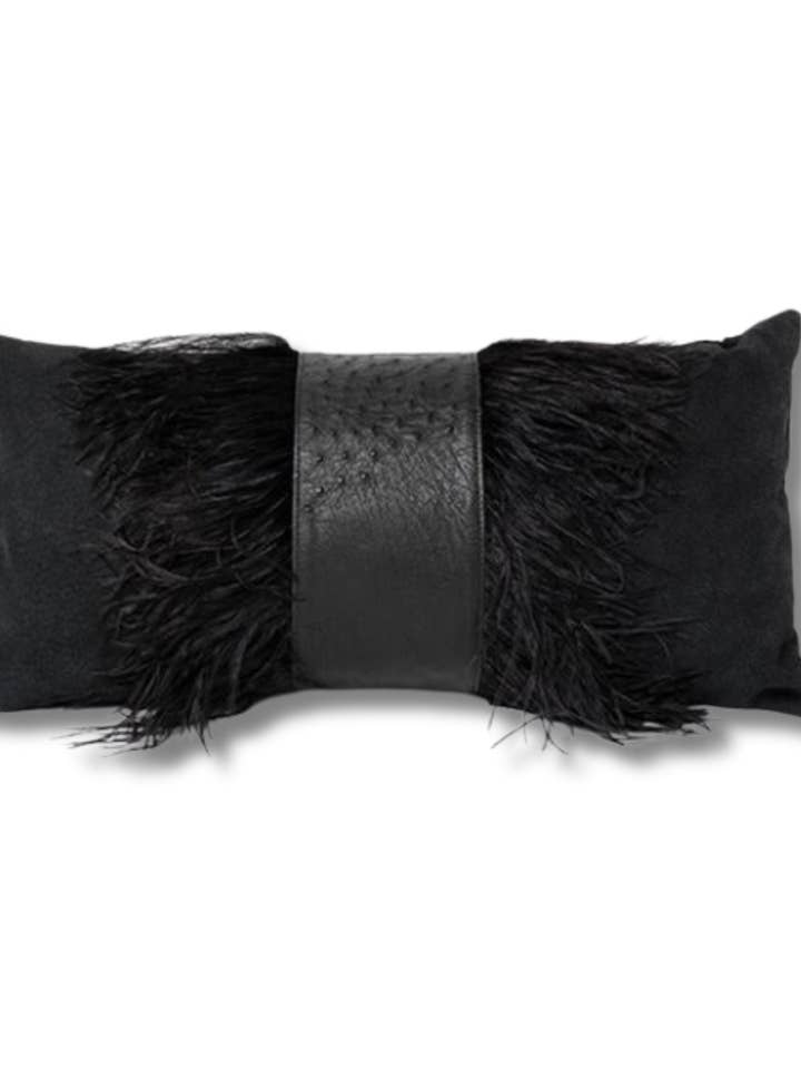 Jolie Ostrich Leather Feather Trim Suede Pillow for wholesale by Holly Doss Home