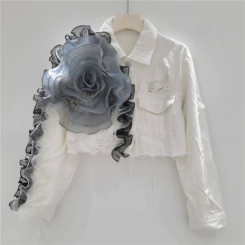 Productseeker - Wholesale Denim Jacket - Women's - JK141 Mesh Patchwork Ripped Design Short Denim Jacket1