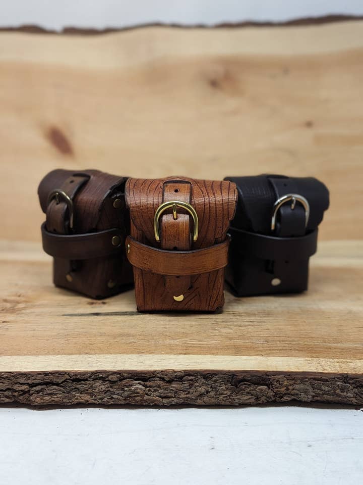 Leather Belt Pouch with "Wood Bark" Design and Buckle for wholesale by Frost & Ember Creations, LLC
