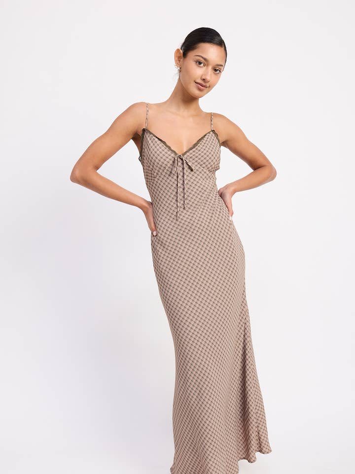 BIAS CUT FLARED MAXI DRESS WITH LACE TRIM for wholesale by Emory Park