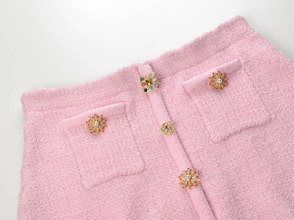 Productseeker – Großhandel Set aus Oberteil und Rock – Damen – SET45Y Tweed-Strick-Set mit kurzem Oberteil und Rock in Diamantknopf-Design14