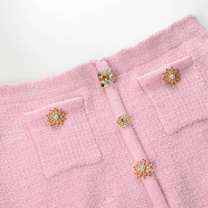 Productseeker – Großhandel Set aus Oberteil und Rock – Damen – SET45Y Tweed-Strick-Set mit kurzem Oberteil und Rock in Diamantknopf-Design14