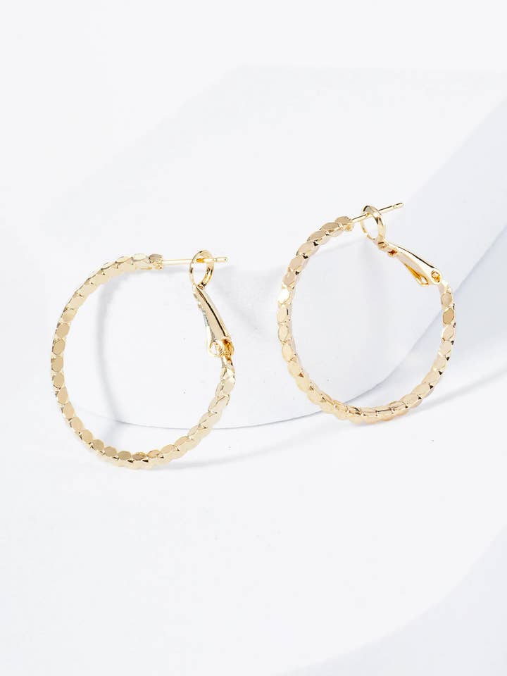 30mm 14K-Gold-Dipped 4-Sided Sparkling Textured Brass Latch-Back Hoop Earrings for wholesale by Wild Honey