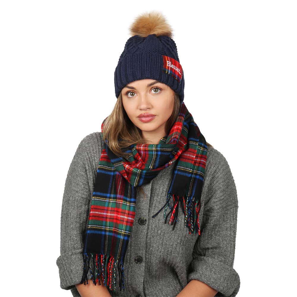 NAVY Holiday BLESSED Plaid Patch Cable Knit Beanie & Scarf SET for wholesale on Faire0