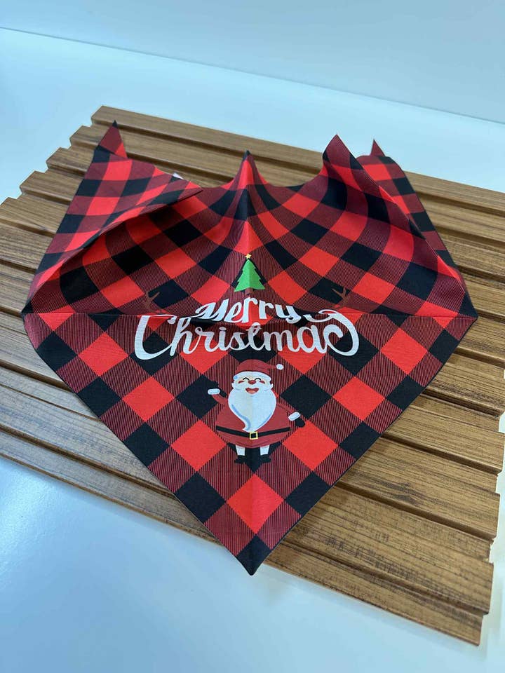 🎅 Red Buffalo Plaid “Merry Christmas” Triangle Scarf Bibs for wholesale by Arcfo Jewelry