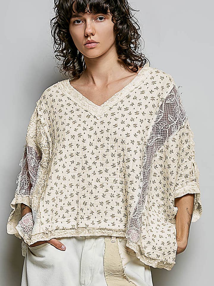 Vintage-Style Floral Print Lace Cropped Gauze Blouse Top for wholesale by Pol Clothing