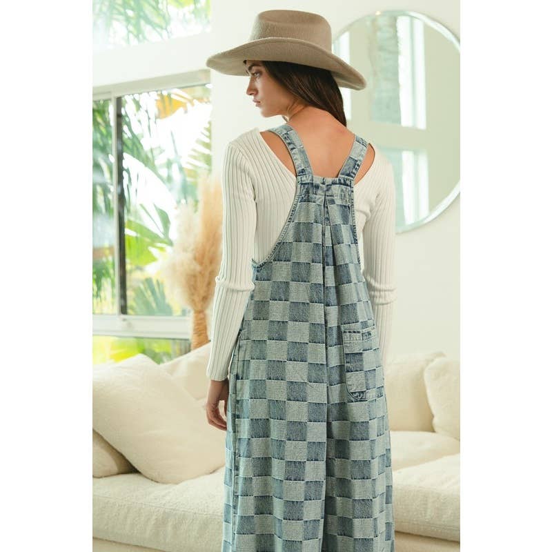 JEANS MACACÃO DE PERNAS LARGAS XADREZ VINTAGE LAVADO para venda a revendedores na Faire4