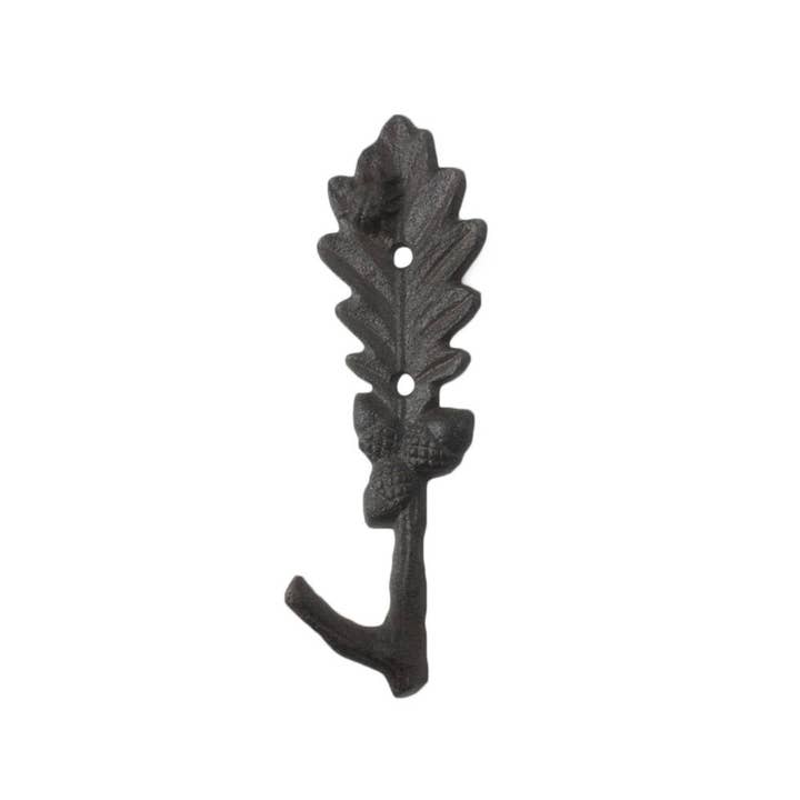 Cast Iron Oak Tree Leaf with Acorns Decorative Metal Tree Branch Hook 6.5" for wholesale by Hampton Ironworks