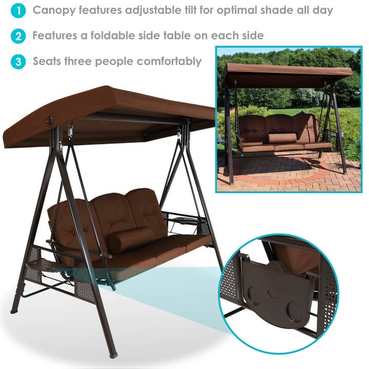 Sunnydaze Decor - Wholesale Porch Swing - 3-Person Steel Outdoor Canopy Swing with Side Tables - Brown
