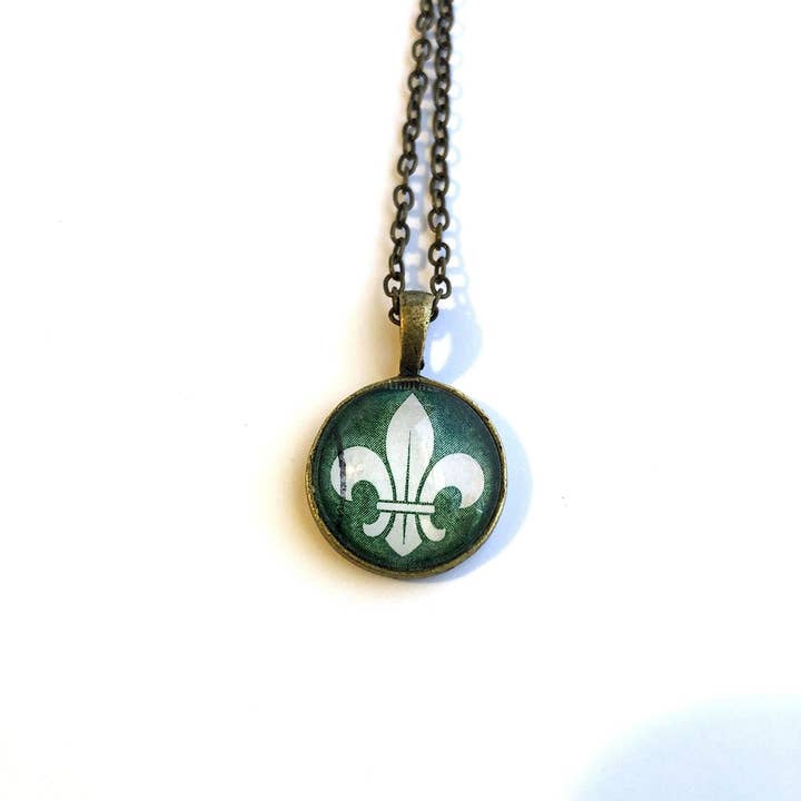 1962 Austrian fleur de lis Stamp - Postage Stamp Jewelry - Vintage Postage Stamp Necklace - Antique Bronze for wholesale by Postage Stamp Jewelry