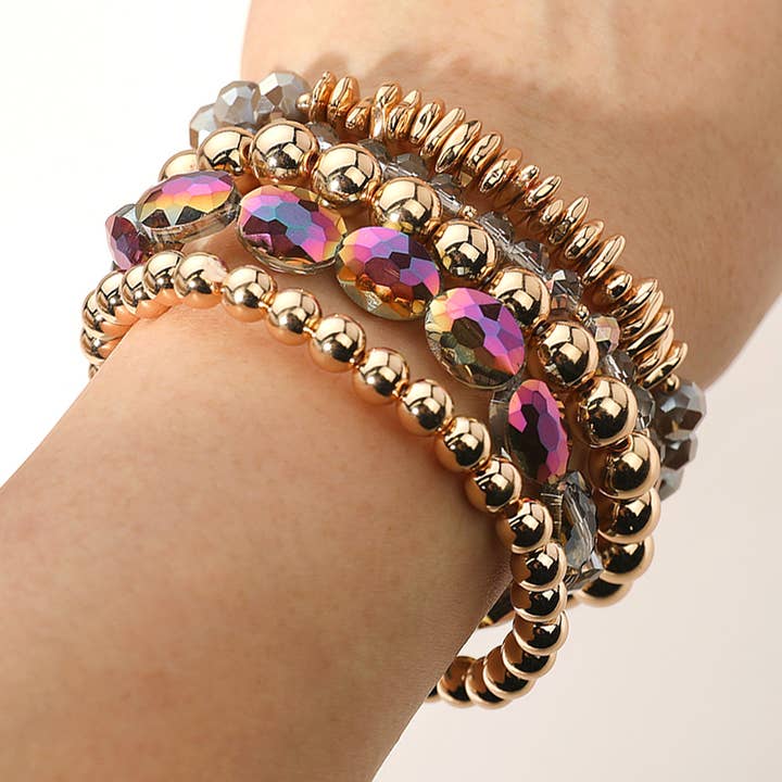 Sensibling Corp. - Venta al por mayor Juegos de joyas - Pulseras elásticas multicapa con cuentas facetadas de bola de metal de 5 piezas15