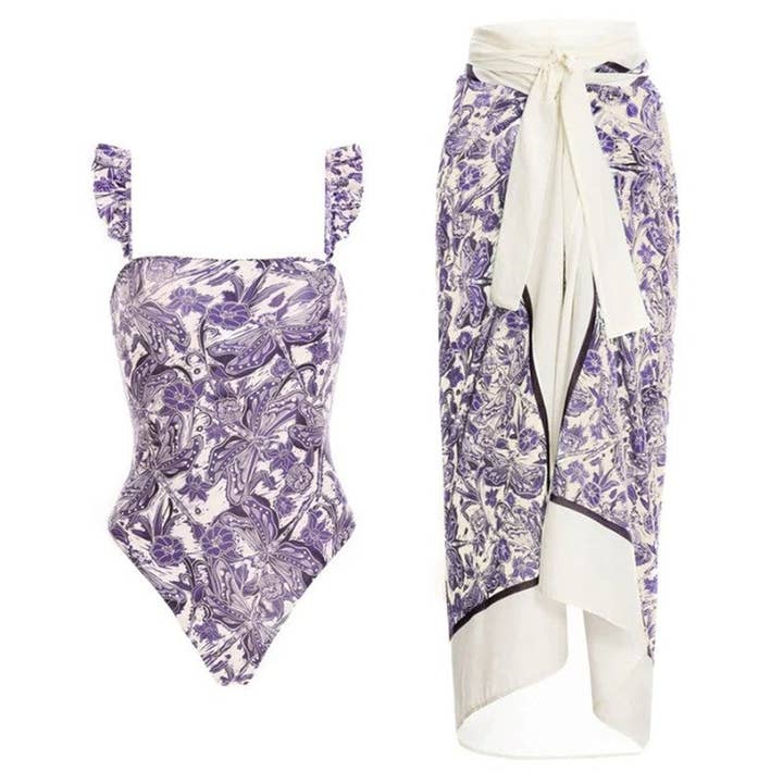 Two-Piece Floral Print Swimsuit With Chiffon Cover-Up for wholesale by Sheer Trend