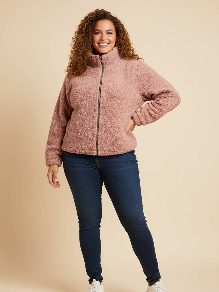Large pink fleece jacket (T5763) for wholesale by Pomme Rouge Paris