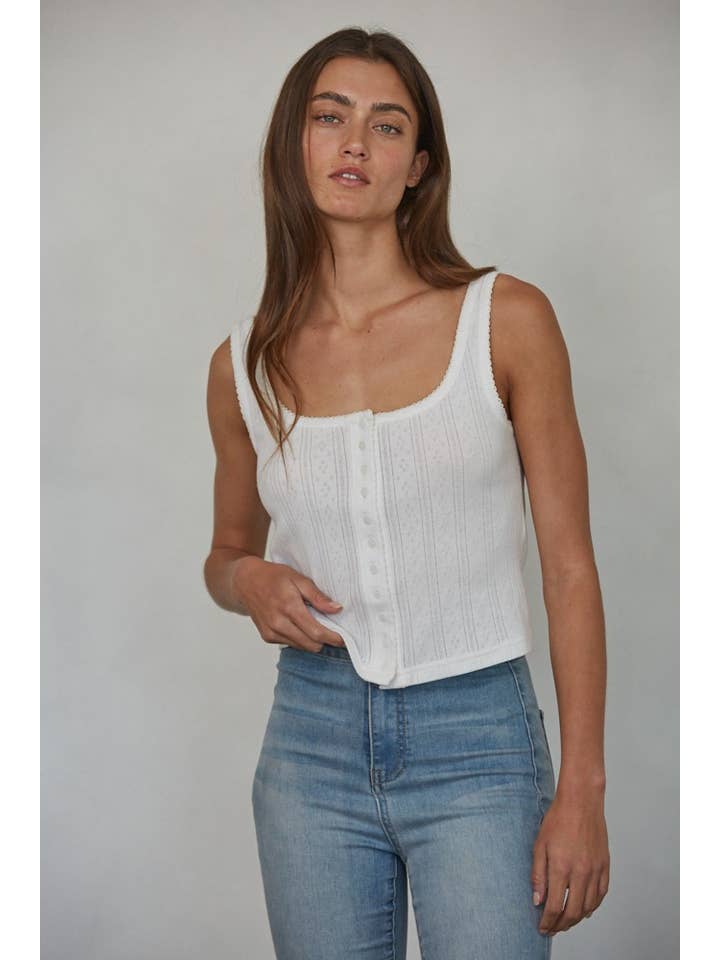 By Together - Wholesale Tank Top - Women's - L8312 | Knit Cotton Pointelle Ribbed Lace Trim Detail Tank