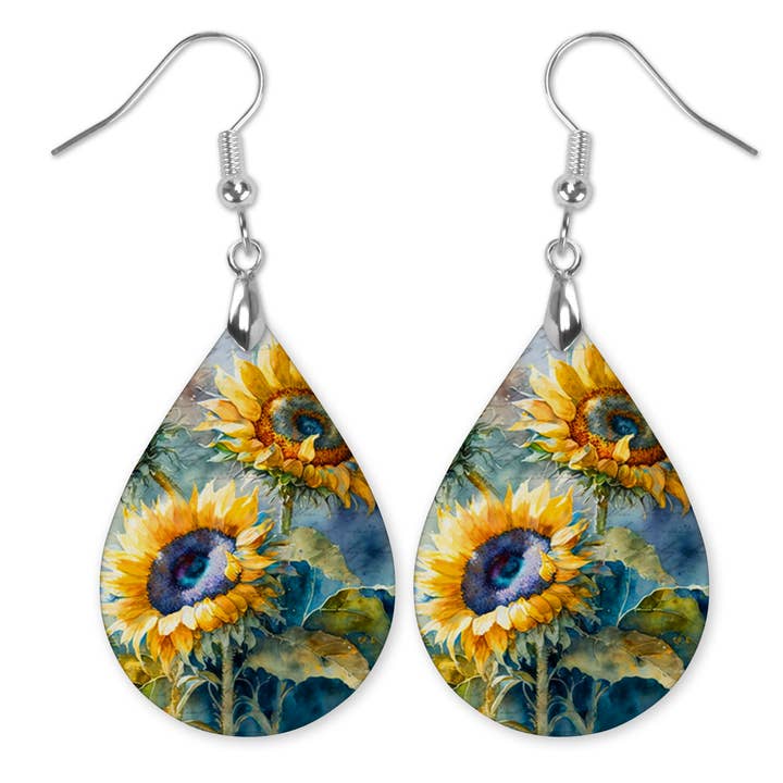 Sunflower Watercolor Dangle Earrings for wholesale by The Painted Pug