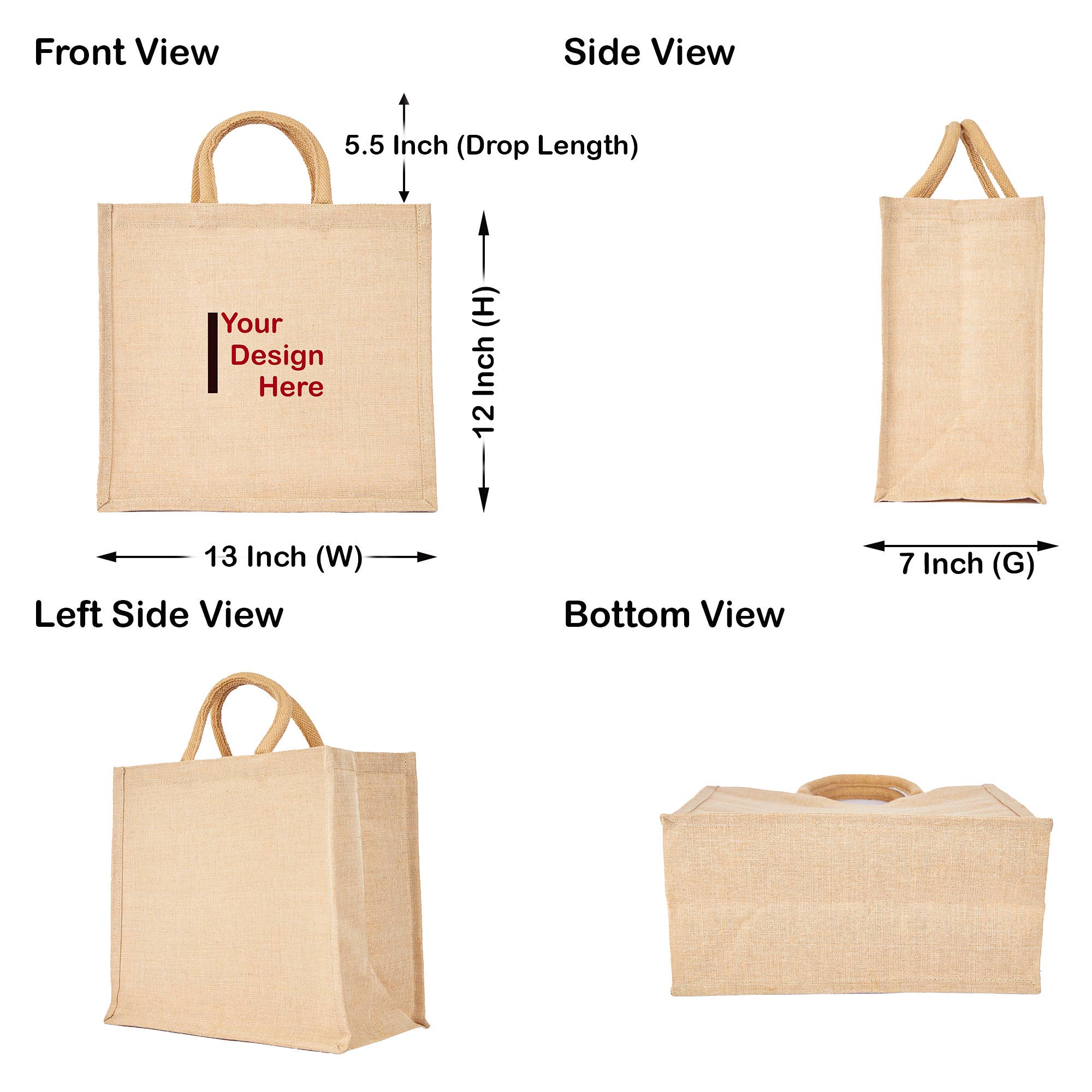 ecojutebags - Vendita all'ingrosso Borsa per shopping/spesa - 4 Borse per la Spesa in Iuta con Manici 12"x13"x7"2