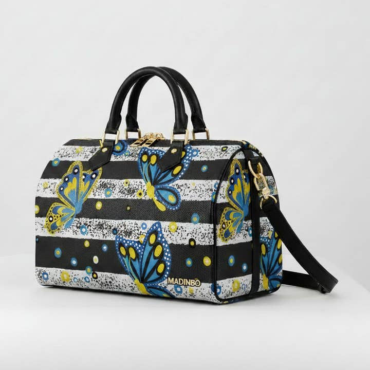 MADINBO VÄSKA - TILLVERKAD I ITALIEN - MED FÄRGRIKA FJÄRILTRYCK OCH RÄNDER för wholesale av MADINBO