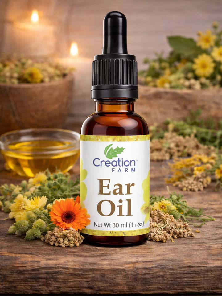 Gouttes d'huile pour les oreilles à base de plantes 1 oz avec calendula, molène et millepertuis dans de l'huile d'olive, soin des oreilles à base de plantes pour la vente par Creation Farm Inc