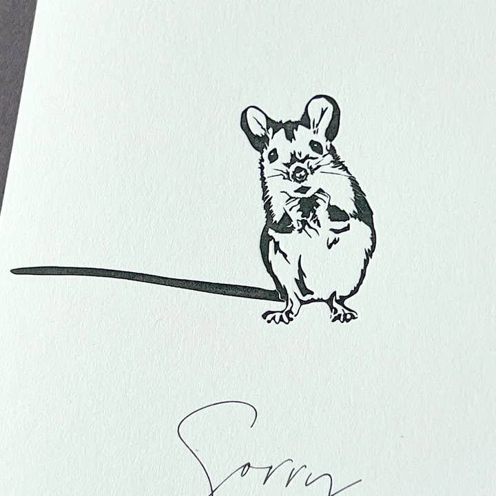 Penguin Ink – postal de simpatia por atacado – Cartão Letterpress Desculpa Rato1