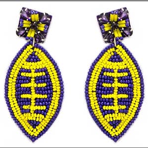 Seed Bead Purple and Yellow Football 2.25" Earring, Game Day for wholesale by What's Hot