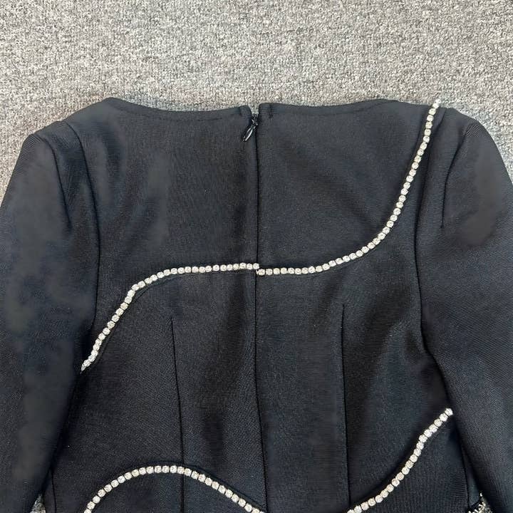 Svart DR364Bandageklänning med diamantkedjeslitsar och lång ärm för wholesale på Faire14