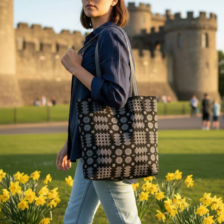 Black Welsh tapestry blanket design Tote Bag for wholesale by Moose & Co