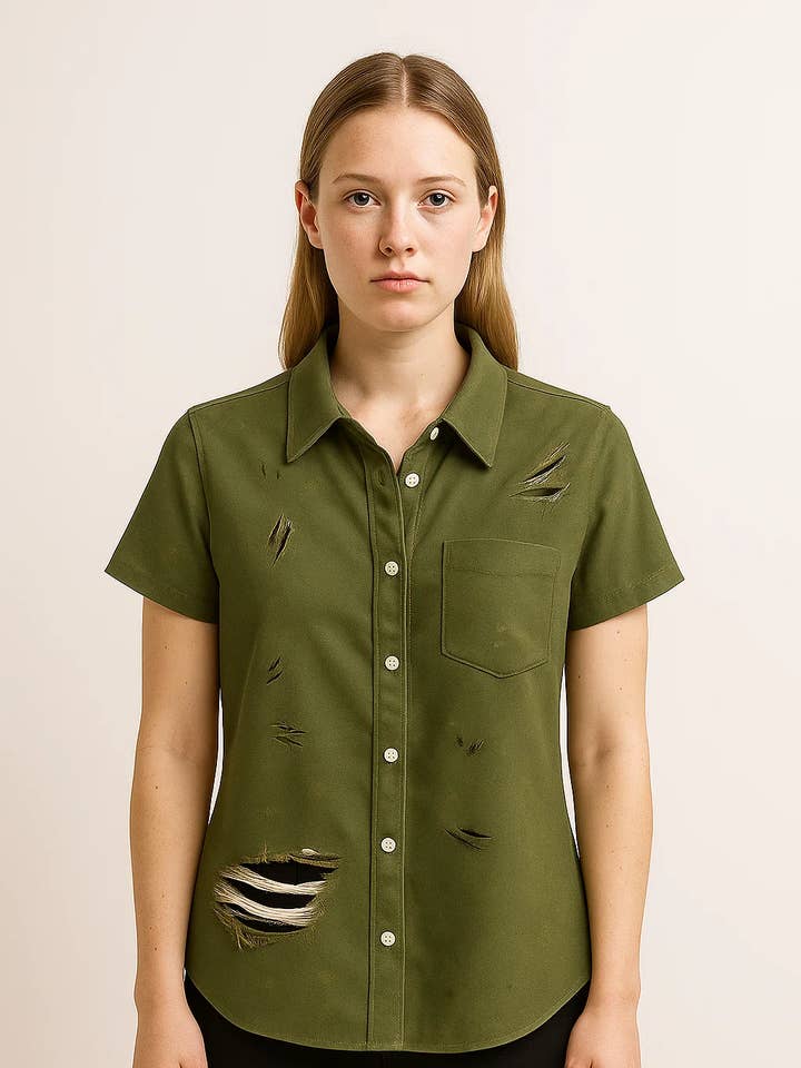 Camisa informal de mujer con mangas cortas desgastadas y botones. para venta al por mayor de Zovater Incorporation