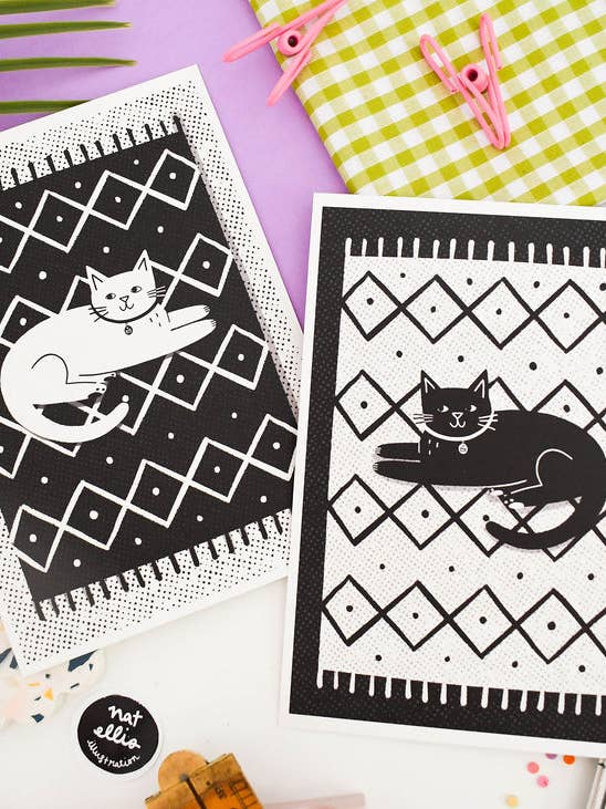 NEW Cat on a Mat A5 Heavy Weight Art Print for wholesale by Nat Ellis Illustration