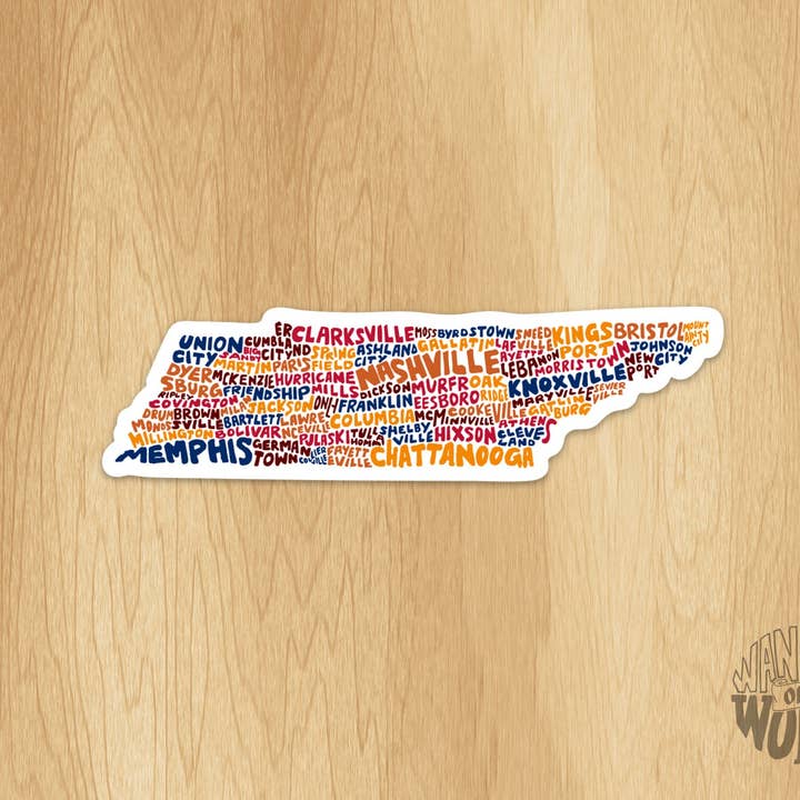 Wander On Words – wholesale Klistermärke – Hand-lettered Tennessee städer karta klistermärke