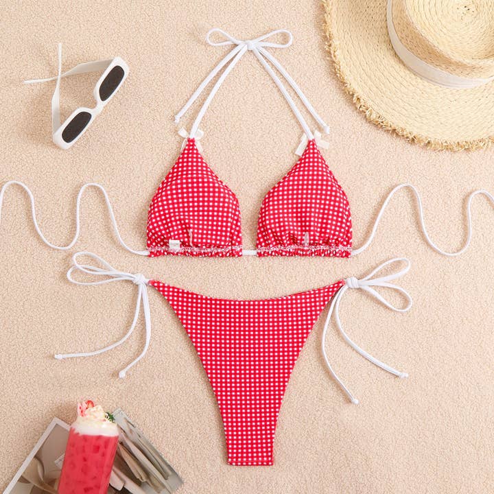 HIDDENBRAND - Wholesale Two Piece Swimsuit - Women's - Check Bow Sexy Split Bikini Swimsuit4