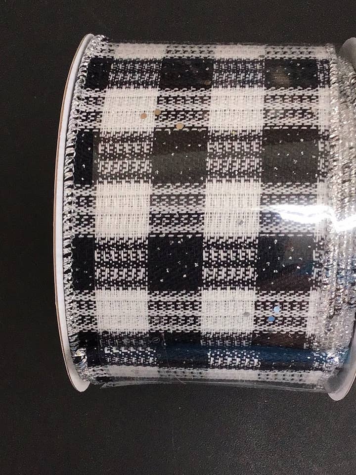 2.5"X10YD GINGHAM CHECK W/HEX GLITTER BLACK/WHITE/SILVER (E) for wholesale by Waterman's Loft Inc.