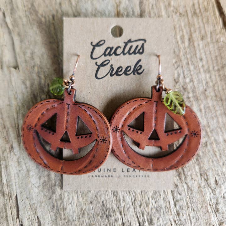 "Western Jack O' Lantern" Leather Halloween Earrings for wholesale by Cocklebur & Co.