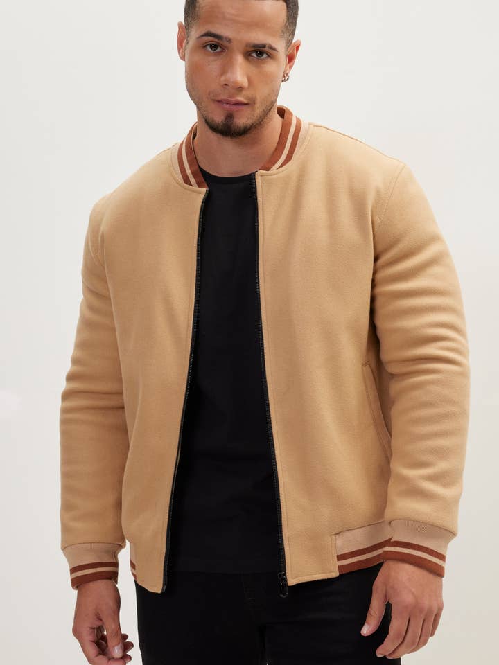Men's Classic Bomber Jacket - Camel With Red Collar Stripes for wholesale by Ron Tomson