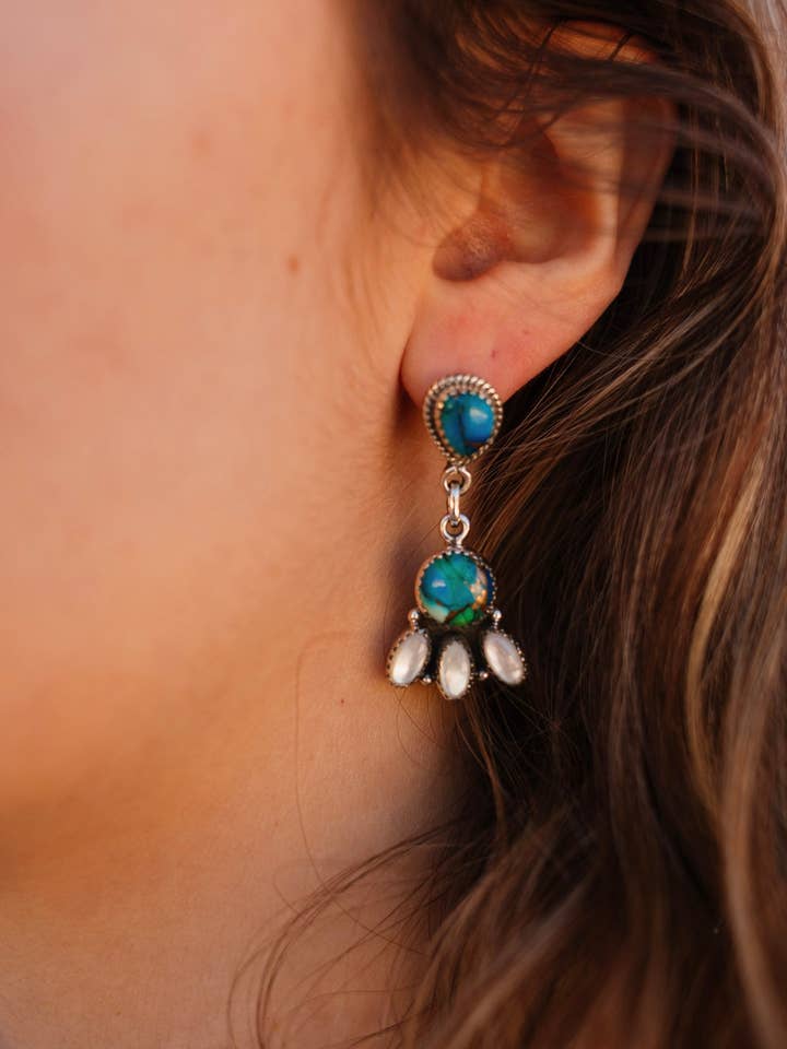 Peacock Dahlia & White Shell Clove Cluster Earrings for wholesale by Krush Kandy