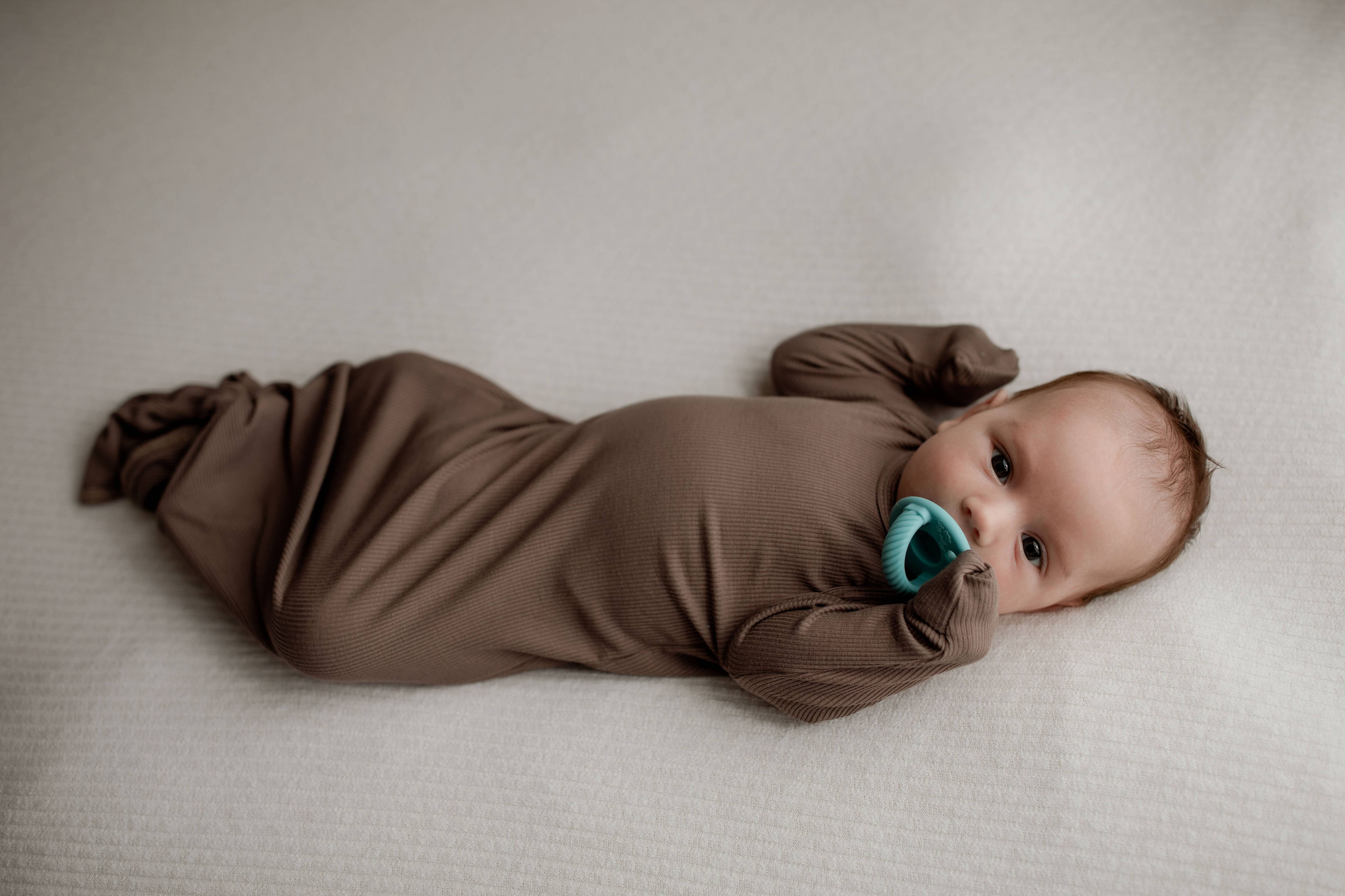 Three Little Tots - Wholesale Babygown - Baby - Cocoa Brown Ribbed Knotted Newborn Baby Gown sleepwear5