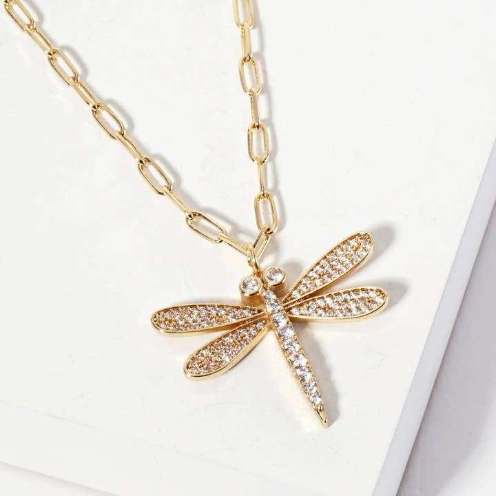 Wild Honey - Wholesale Pendant/Charm Necklace - 18K Gold-Dipped Cubic Zirconia Dragonfly Pendant Necklace