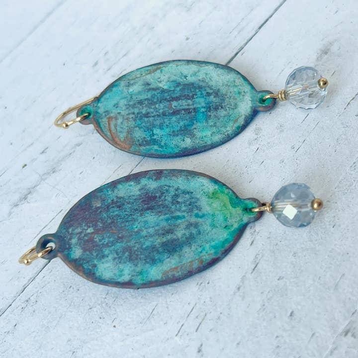 Rage Gems & Jewelry - Wholesale Dangle Earrings - Verdigris Patina Oval Earrings with Crystal Drop0